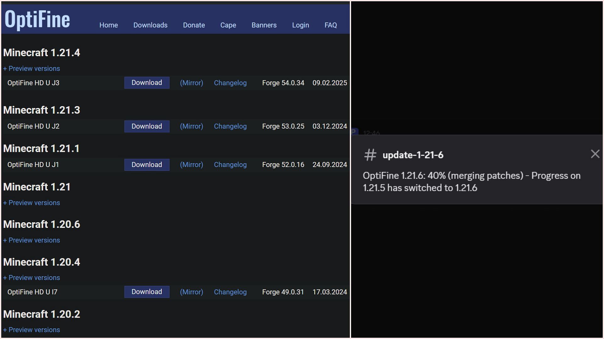 OptiFine is stuck on 1.21.4 game version and is working directly on 1.21.6 game version (Image via OptiFine || Discord)